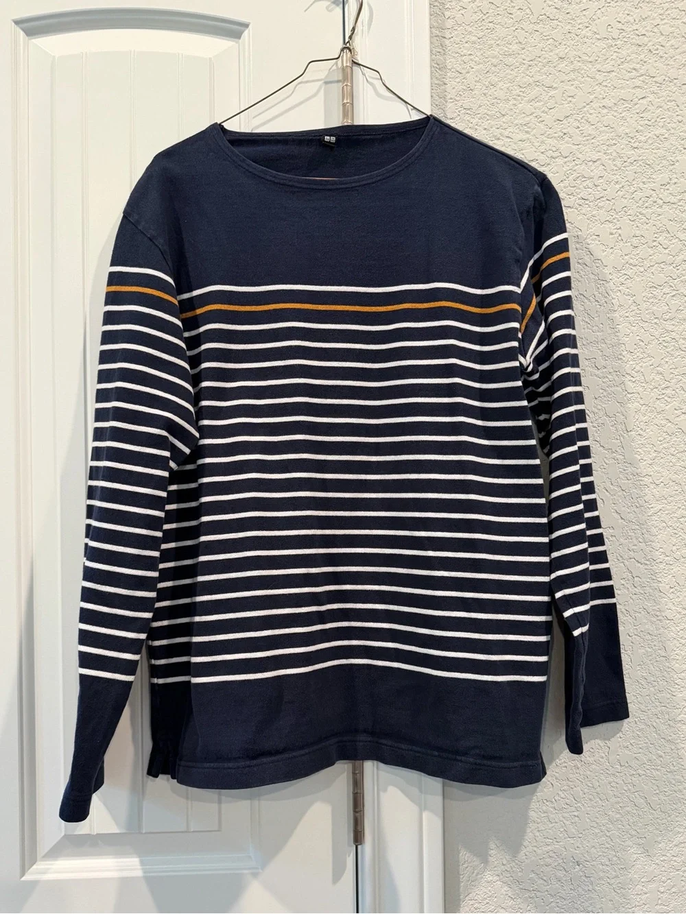 Uniqlo Navy, White and Mustard Striped Crew Sweater